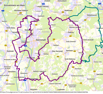 Verlauf der Sperrzone I (grün) und Sperrzone II (lila) im Landkreis Darmstadt-Dieburg in Hessen ©https://visualgeoserver.fli.de/visualize-this-map/15372C2C31C462DEF91BE4796B652402D2DD29418321A4C25417AB8AEE2B2FBA