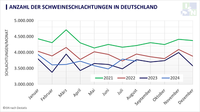 Von Januar bis August 2024 wurden in Deutschland wieder mehr Schweine geschlachtet als im Vorjahreszeitraum ©Eigene Darstellung nach Destatis